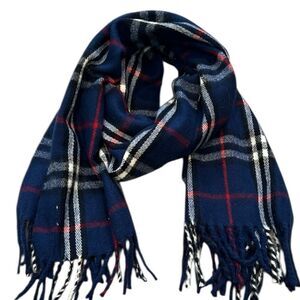 Cashmere Plaid Fringe Scarf in Navy and Red 100% Kashmir by Royal Rossi